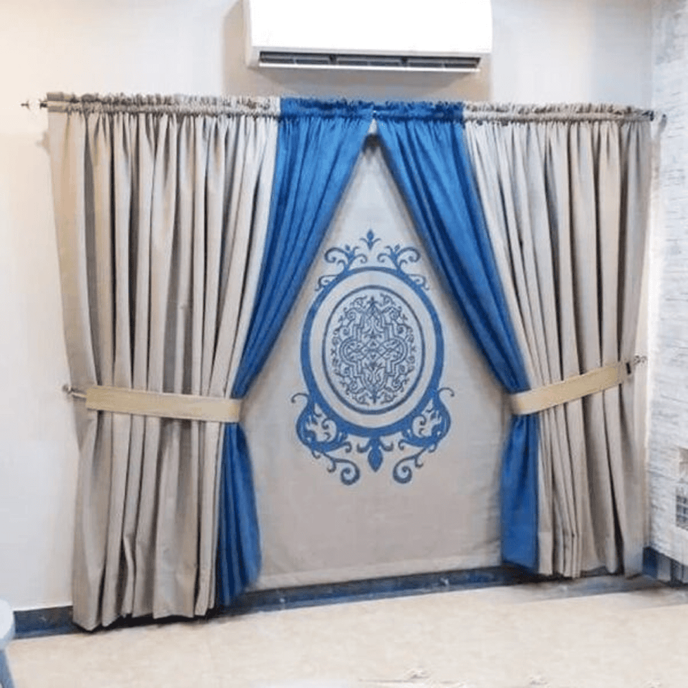 Blind Curtains Velvet Fabric Laser Cut Art – Blue & Off White – @ Per Sqr Ft — Blind Curtains price in Pakistan
