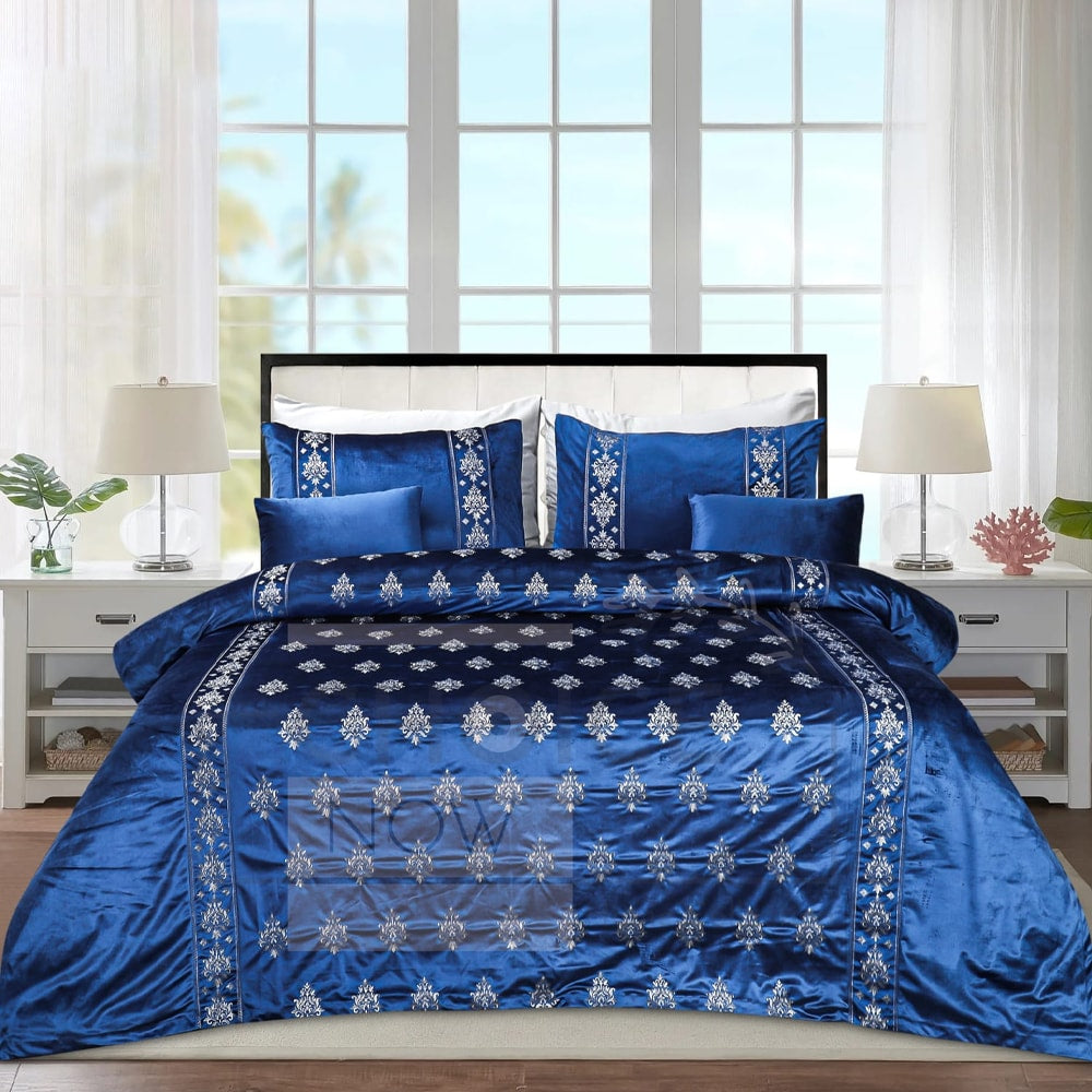 8 Pcs Bridal Velvet Bed Sheet Comforter Set โ Blue โ Bridal Bedding Sets price in Pakistan