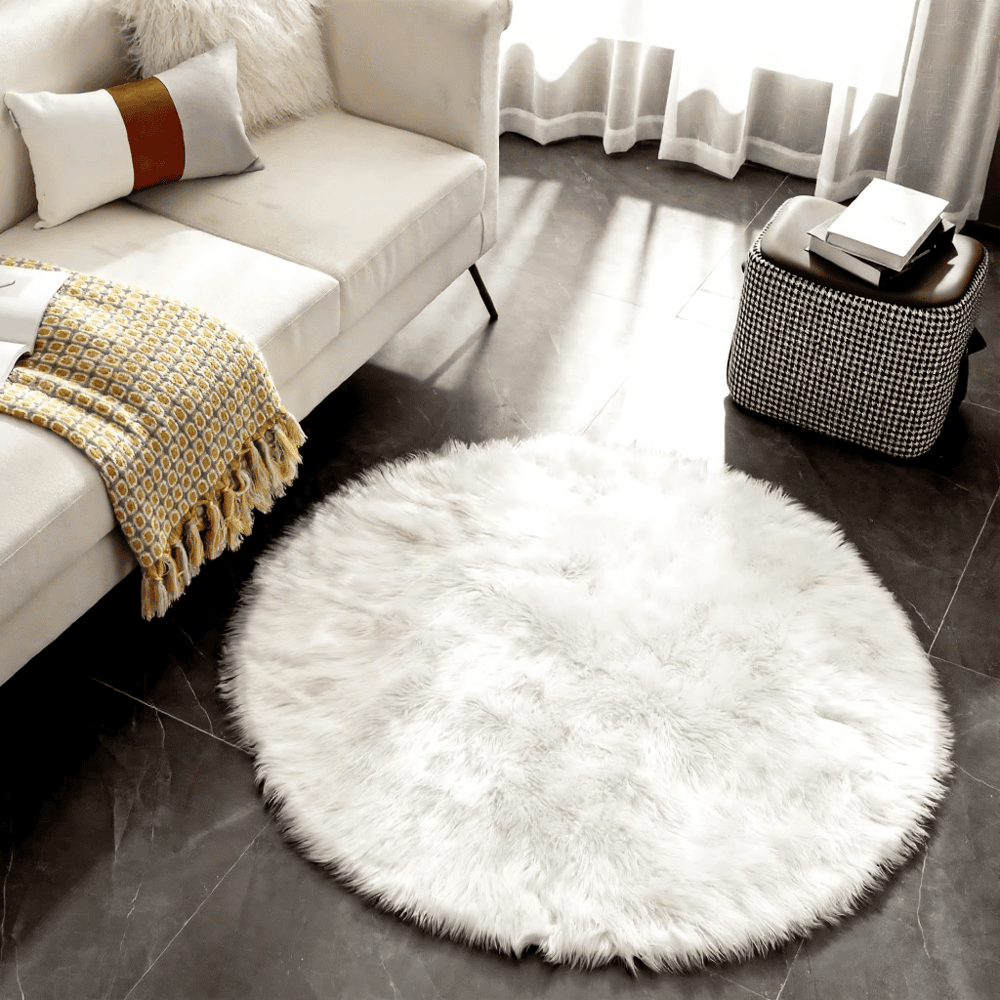 Fluffy Faux Fur Mat - Round Shape - White — Faux Fur Mats price in Pakistan