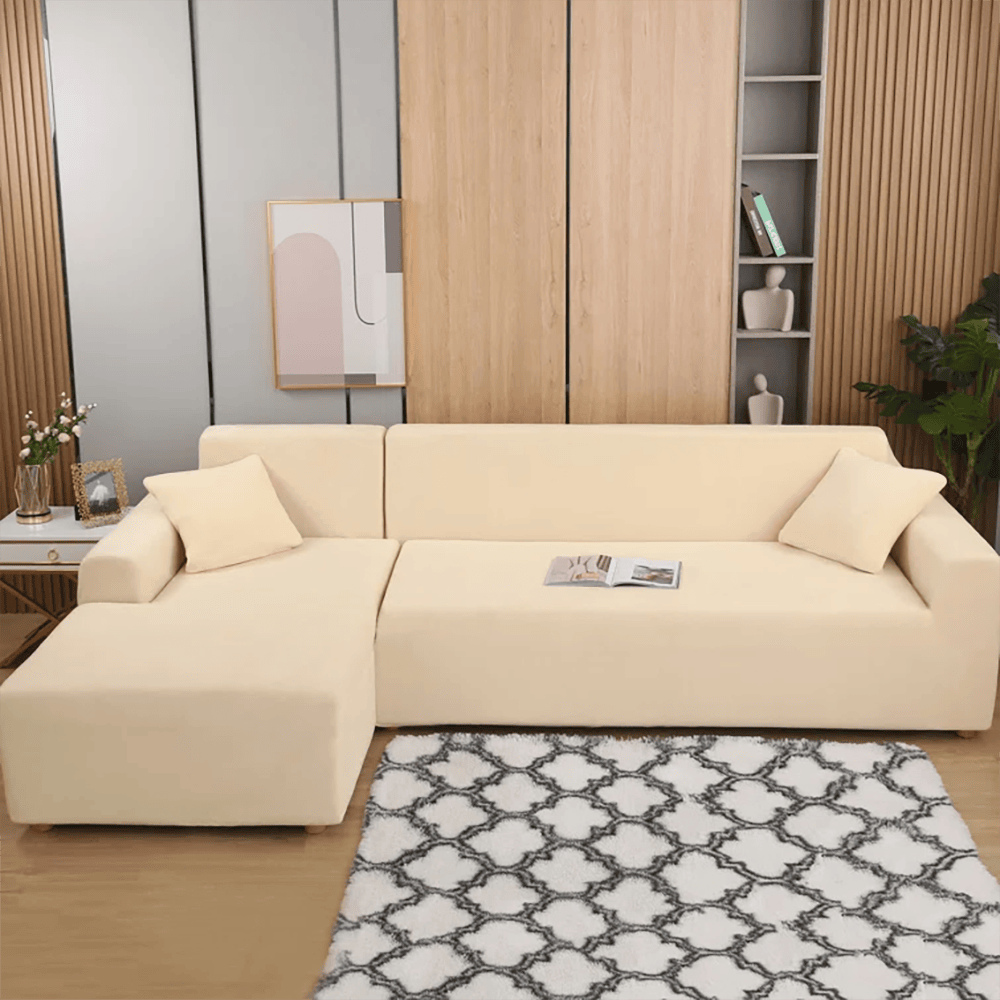 L-Shape Fitted Jersey Sofa Cover - Beige — view 2