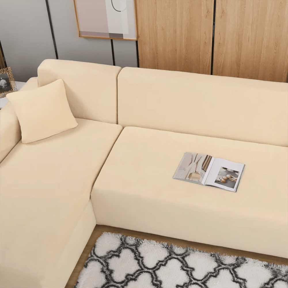 L-Shape Fitted Jersey Sofa Cover - Beige — view 3
