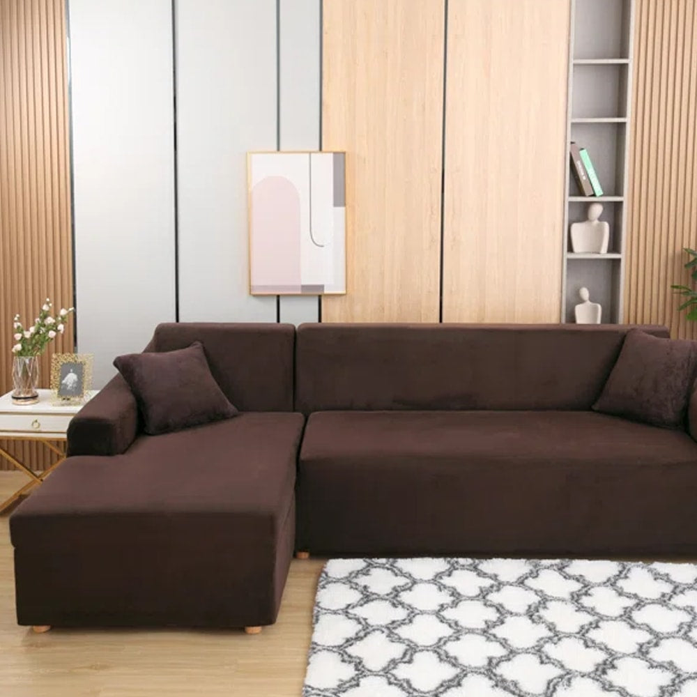 L-Shape Fitted Jersey Sofa Cover - Brown — view 2