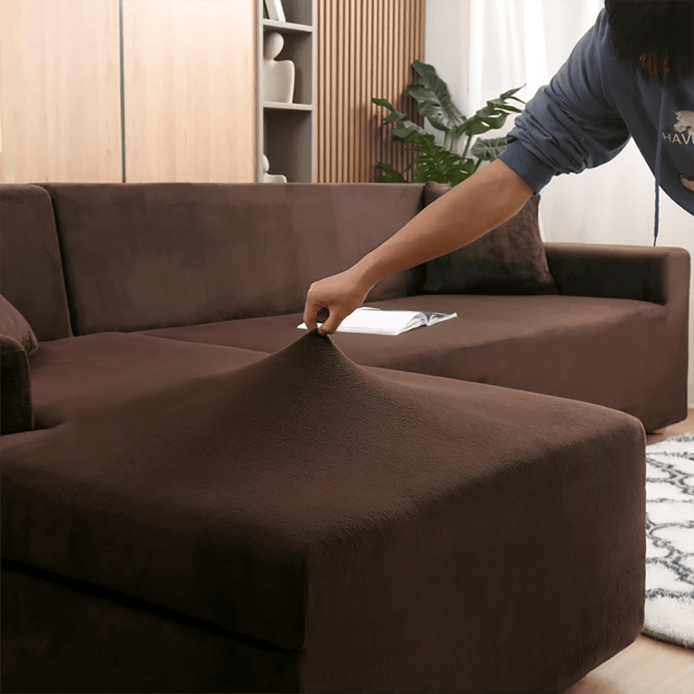 L-Shape Fitted Jersey Sofa Cover - Brown — view 4
