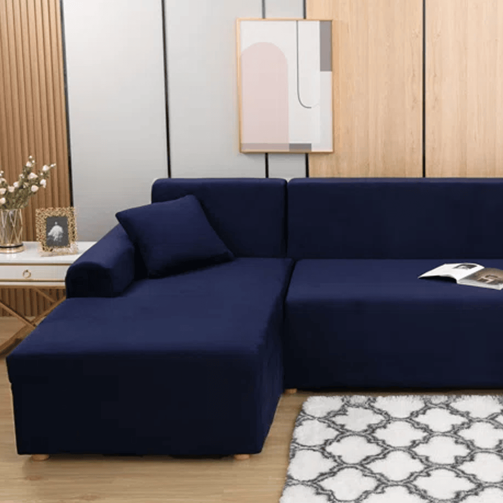 L-Shape Fitted Jersey Sofa Cover - Dark Blue — view 2