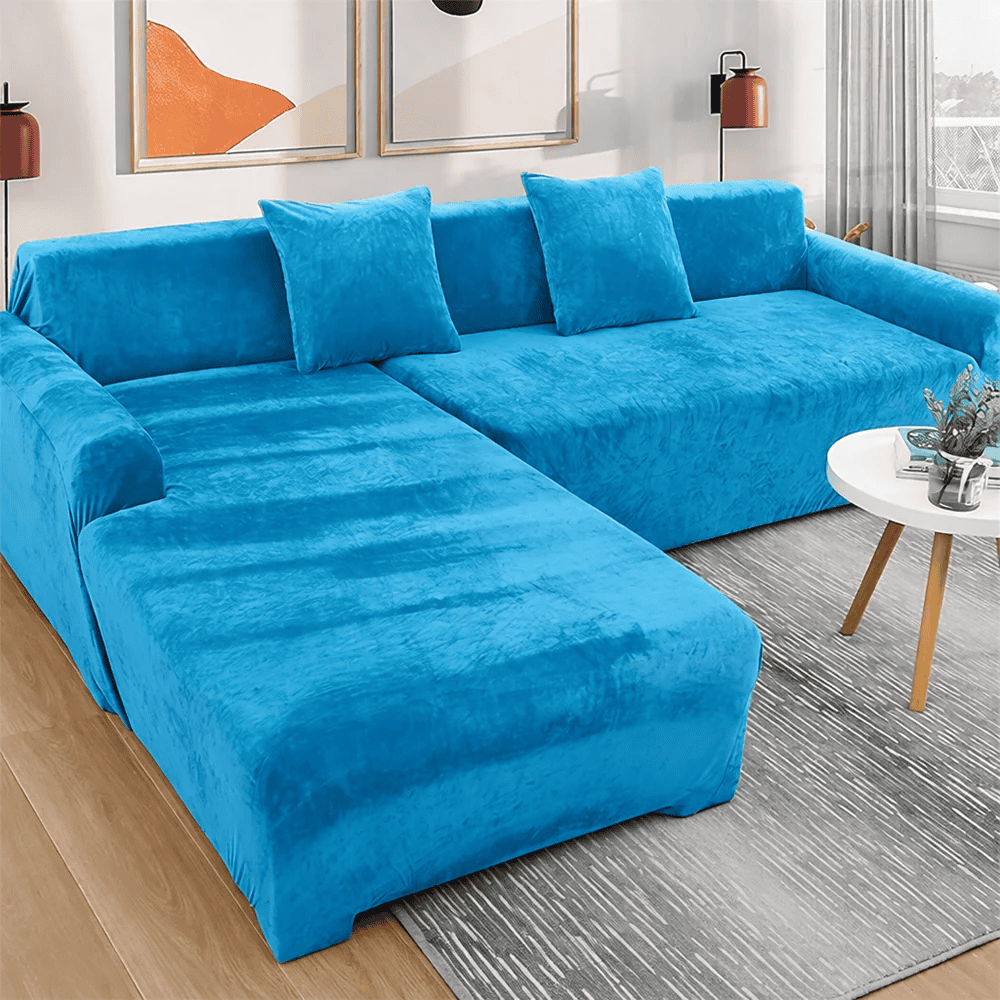 L-Shape Plain Velvet Sofa Cover - Cyan — L Shape Sofa Covers price in Pakistan